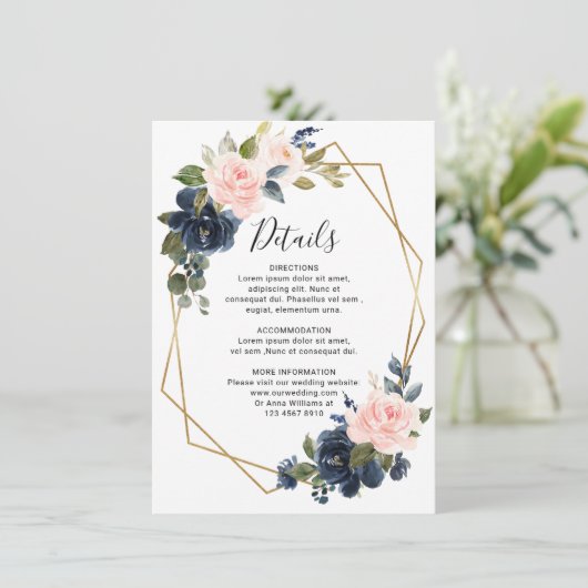 Rustikales Holz Navy Blush Pink Geometric Wedding Begleitkarte (Stehend Vorderseite)