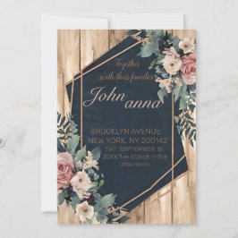Rustikales Holz Navy Blush Pink Geometric Wedding Einladung