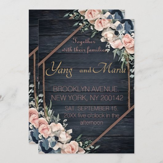 Rustikales Holz Navy Blush Pink Geometric Wedding Einladung (Vorne/Hinten)