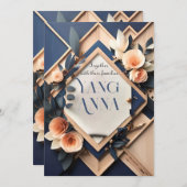 Rustikales Holz Navy Blush Pink Geometric Wedding Einladung (Vorne/Hinten)