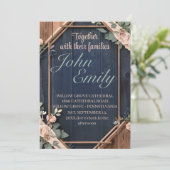 Rustikales Holz Navy Blush Pink Geometric Wedding Einladung (Stehend Vorderseite)
