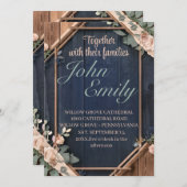 Rustikales Holz Navy Blush Pink Geometric Wedding Einladung (Vorne/Hinten)