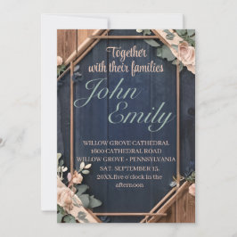 Rustikales Holz Navy Blush Pink Geometric Wedding Einladung