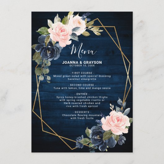 Rustikales Holz Navy Blush Pink Geometric Wedding Menükarte (Vorderseite)