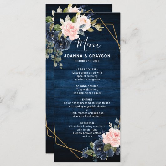 Rustikales Holz Navy Blush Pink Geometric Wedding Menükarte (Vorne/Hinten)