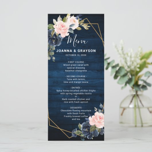 Rustikales Holz Navy Blush Pink Geometric Wedding Menükarte (Stehend Vorderseite)