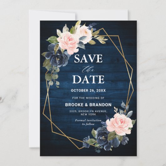 Rustikales Holz Navy Blush Pink Geometric Wedding Save The Date (Vorderseite)