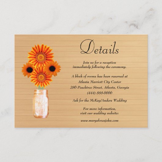 Rustikales Holz Orange Blumenmason Jar Wedding Det Begleitkarte (Vorderseite)