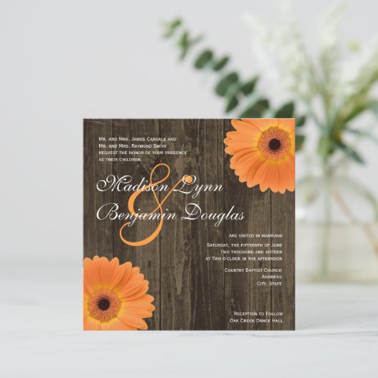 Rustikales Holz Orange Daisy Square Einladung zur (Stehend Vorderseite)