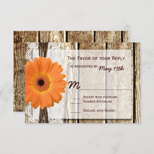 Rustikales Holz Orange Daisy Wedding RSVP Cards (Vorne/Hinten)