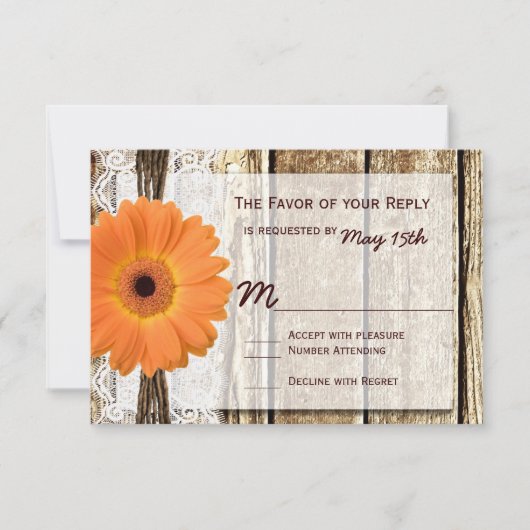 Rustikales Holz Orange Daisy Wedding RSVP Cards Karte (Vorderseite)