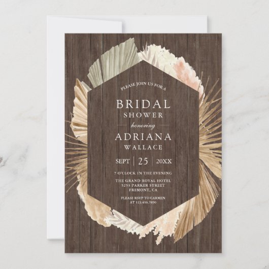 Rustikales Holz Pampas Driving Palm Blätter Brautp Einladung (Vorderseite)