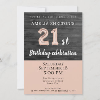 Rustikales Holz Pink Ballon 21. Geburtstag Party Einladung