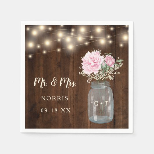 Rustikales Holz Pink Peony Floral Mason Jar | Hoch Serviette (Vorderseite)