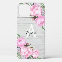 Rustikales Holz Pink Peony Wassercolor Monogram
