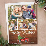Rustikales Holz Pinselschrift Vintager LKW 4 Foto Feiertagskarte<br><div class="desc">Rustikales Holz Brush Script Wasserfarbe Vintager roter LKW mit Weihnachtsbaum 4 Foto Familie Meruchskarte</div>
