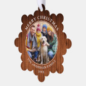 Rustikales Holz Print Frohe Weihnachts-Foto Ornament Karte (Linke Ecke)