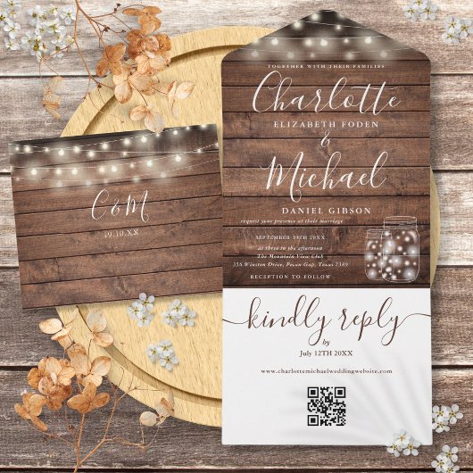 Rustikales Holz QR Code Mason Jars Lights Hochzeit All In One Einladung