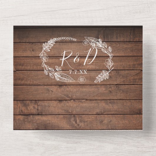 Rustikales Holz QR Code Monogram Floral Wedding All In One Einladung (Rückseite)