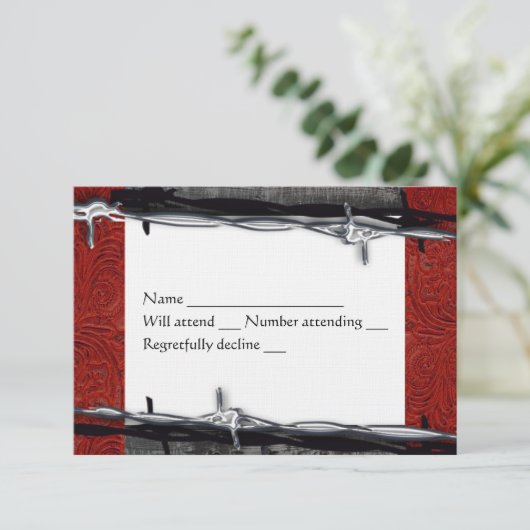 Rustikales Holz Red Leather Barbed Wire Cowboy uAw RSVP Karte (Stehend Vorderseite)