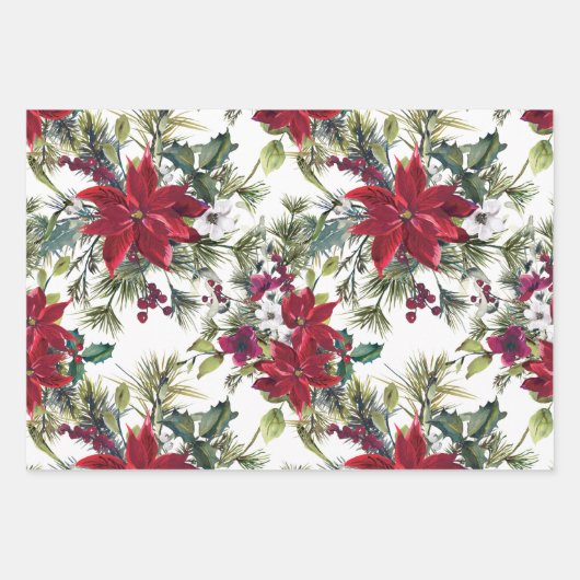 Rustikales Holz Red Poinsettias Pine Needles Weihn Geschenkpapier Set (Vorderseite 2)