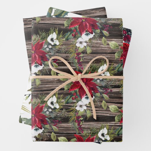 Rustikales Holz Red Poinsettias Pine Needles Weihn Geschenkpapier Set (Beispiel)