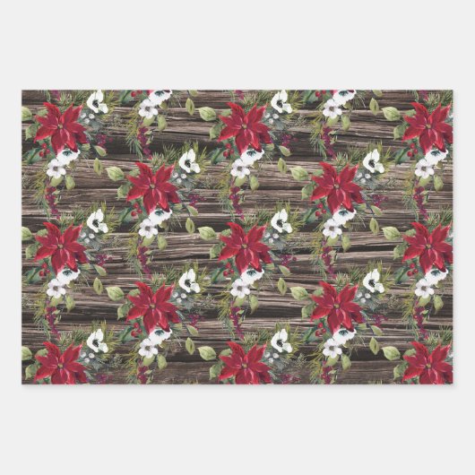 Rustikales Holz Red Poinsettias Pine Needles Weihn Geschenkpapier Set (Vorderseite)