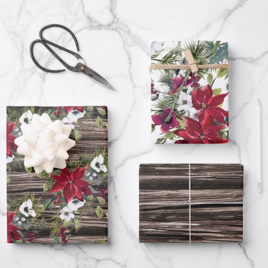 Rustikales Holz Red Poinsettias Pine Needles Weihn Geschenkpapier Set (Vorderseite)