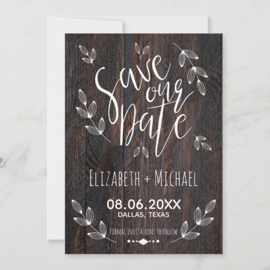 Rustikales Holz Rettete unser Datum Weiße Typograf Save The Date (Vorderseite)