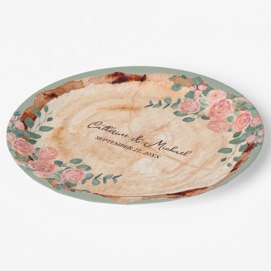 Rustikales Holz Rings Wasserfarbe Rosen Grün Pappteller (Schrägansicht)