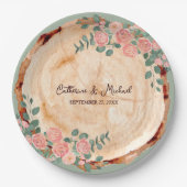 Rustikales Holz Rings Wasserfarbe Rosen Grün Pappteller (Vorderseite)