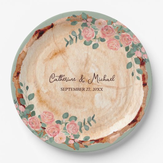 Rustikales Holz Rings Wasserfarbe Rosen Grün Pappteller (Vorderseite)