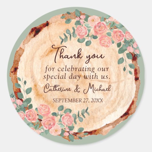 Rustikales Holz Rings Wasserfarbe Rosen Grün Runder Aufkleber (Vorderseite)