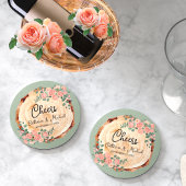 Rustikales Holz Rings Wasserfarbe Rosen Grün Runder Pappuntersetzer