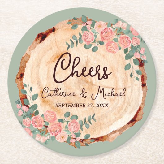 Rustikales Holz Rings Wasserfarbe Rosen Grün Runder Pappuntersetzer (Vorderseite)