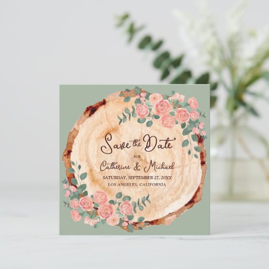 Rustikales Holz Rings Wasserfarbe Rosen Grün Save The Date (Stehend Vorderseite)