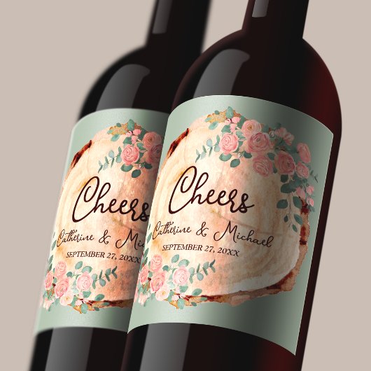 Rustikales Holz Rings Wasserfarbe Rosen Grün Weinetikett