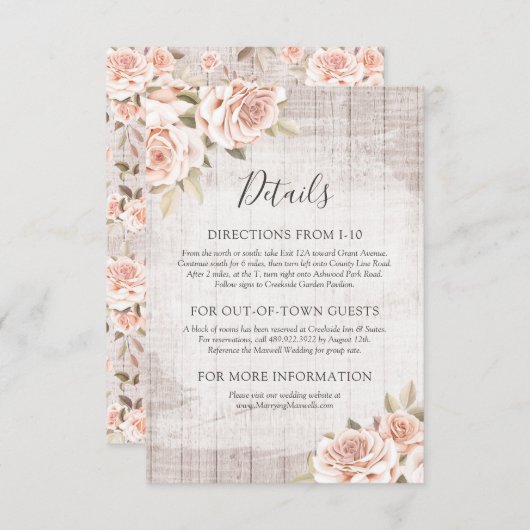 Rustikales Holz & Romantische Rose Details / Richt Begleitkarte (Vorne/Hinten)