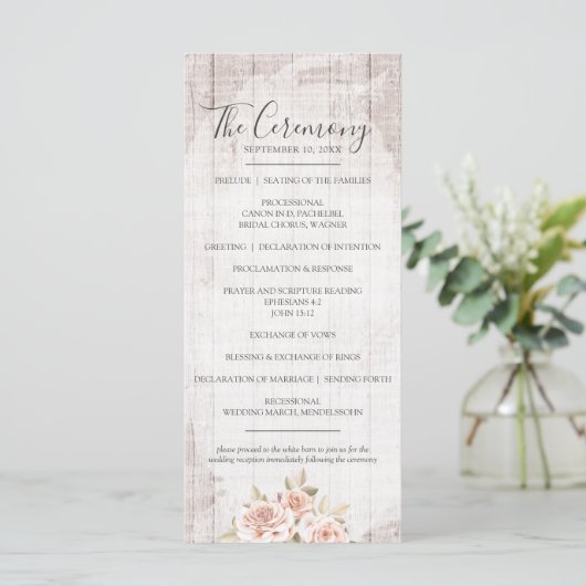 Rustikales Holz & romantische Rose Shabby Wedding Programm (Stehend Vorderseite)