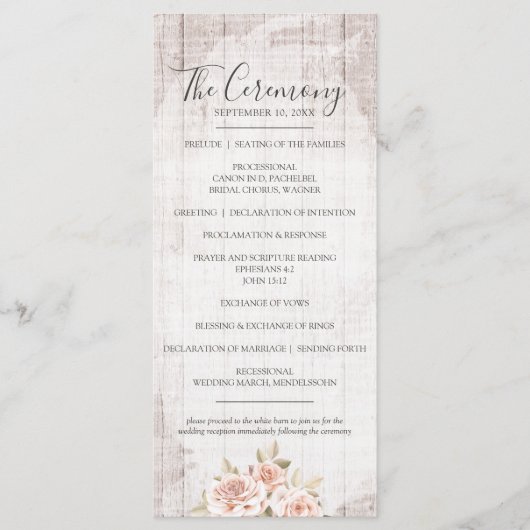 Rustikales Holz & romantische Rose Shabby Wedding Programm (Vorderseite)