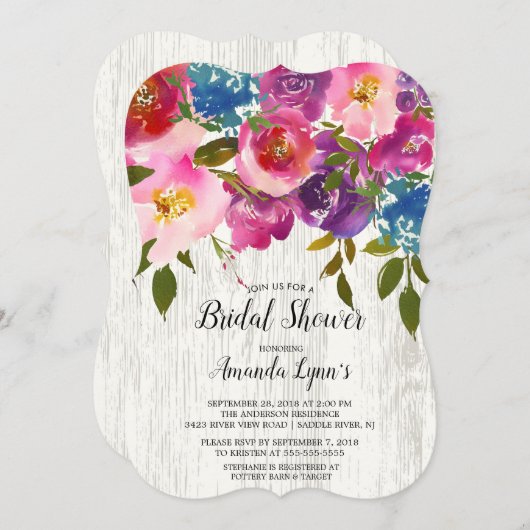 Rustikales Holz Rosa Blume Brautdusche Einladung (Vorne/Hinten)