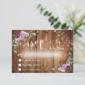 Rustikales Holz, rosa Blume & Licht mit Typografie RSVP Karte (Stehend Vorderseite)