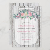 Rustikales Holz Rosa Blumenkronenjar Babydusche Einladung (Vorne/Hinten)