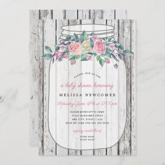 Rustikales Holz Rosa Blumenkronenjar Babydusche Einladung (Vorne/Hinten)