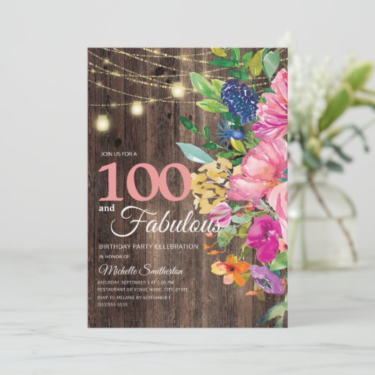 Rustikales Holz rosa Blumenstrauß Lichter 100 Fabe Einladung (Stehend Vorderseite)