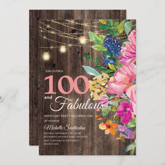 Rustikales Holz rosa Blumenstrauß Lichter 100 Fabe Einladung (Vorne/Hinten)