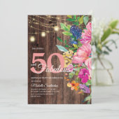 Rustikales Holz rosa Blumenstrauß Lichter 50 Fabel Einladung (Stehend Vorderseite)