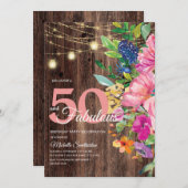 Rustikales Holz rosa Blumenstrauß Lichter 50 Fabel Einladung (Vorne/Hinten)