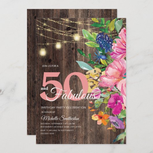 Rustikales Holz rosa Blumenstrauß Lichter 50 Fabel Einladung (Vorne/Hinten)