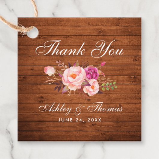 Rustikales Holz Rosa Blush Blumenzehen Vielen Dank Geschenkanhänger (Vorderseite)
